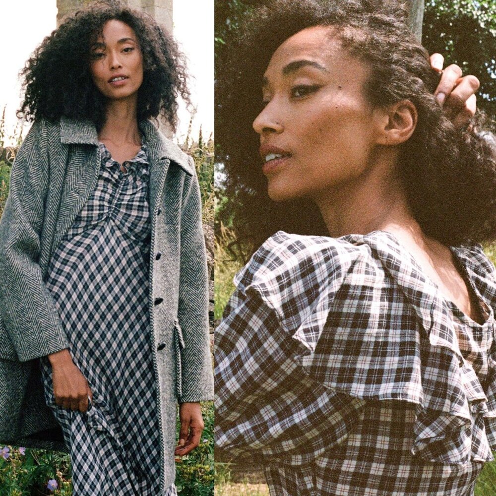 Doen Gwyneira Navy Countryside Plaid Ruffle‎ Cotton Midi Dress Size L - Picture 9 of 9